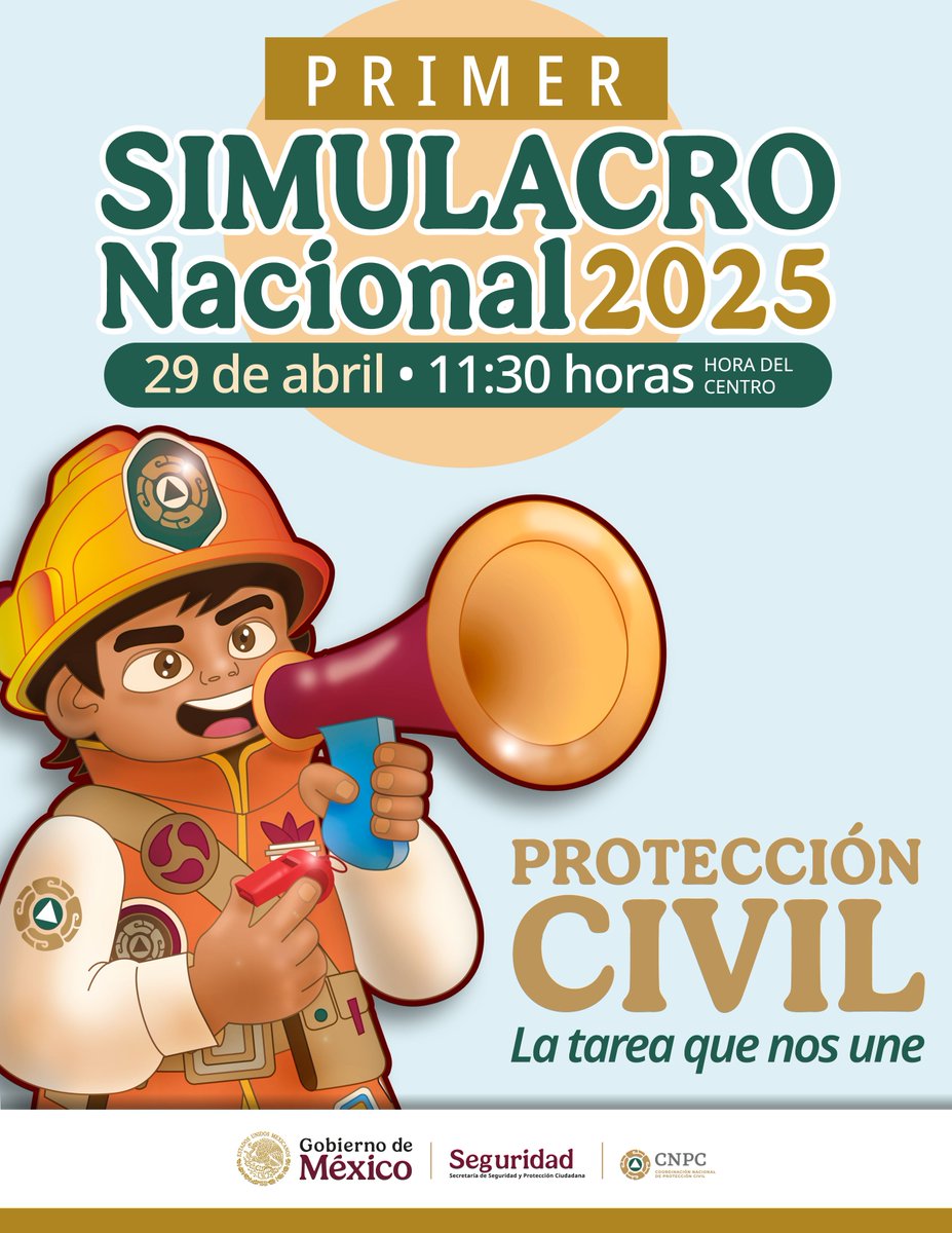Hoy 29 de abril se realizará el #1erSimulacroNacional2025 a las 11:30 am, organizado por autoridades de Protección Civil.  
Nuestras redes sociales funcionarán de manera normal, reportando las características de los sismos ocurridos en nuestro país: ssn.unam.mx/1erSimulacroNa…