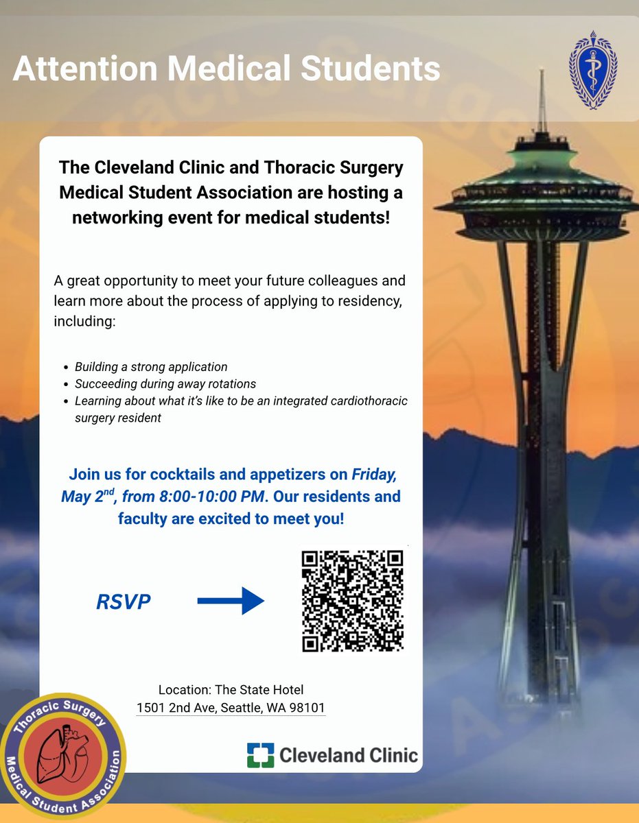 Attention medical students attending #AATS2025‼️

<a href="/CCF_CTSRes/">Cleveland Clinic CTS Residency</a> and <a href="/ThoracicStudent/">TSMA</a> are hosting a networking event on Friday, May 2nd, at 8 PM. 

We are excited to meet you and hope that you can join us! <a href="/AATSHQ/">AATS</a>