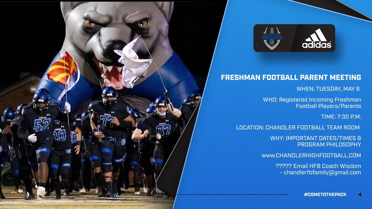 Coach Wiz (@coach_wiz3) on Twitter photo 🏈 Incoming Freshman 🏈 Parent Meeting ⬇️⬇️⬇️⬇️ #ThePACK <a href="/SOC_CHSWOLVES/">Chandler HS Athletics</a> <a href="/chandler_wolves/">Chandler High Football Boosters</a> <a href="/CUSDAthletics/">CUSDAthletics</a> <a href="/ChandlerUnified/">Chandler Unified School District</a> 🏈 Incoming Freshman 🏈 Parent Meeting ⬇️⬇️⬇️⬇️ #ThePACK <a href="/SOC_CHSWOLVES/">Chandler HS Athletics</a> <a href="/chandler_wolves/">Chandler High Football Boosters</a> <a href="/CUSDAthletics/">CUSDAthletics</a> <a href="/ChandlerUnified/">Chandler Unified School District</a>