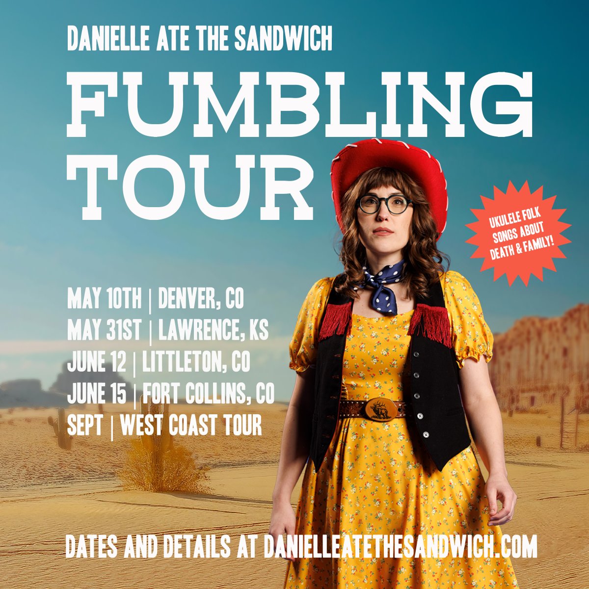 Sometimes I feel like I have so much going on I don't know how to tell you about all of it:
(music)
5.10 - Denver, CO
5.31 - Lawrence, KS
6.15 - Fort Collins, CO
(comedy)
5.23 - Independence, MO
6.7 &amp; 6.8 - Denver, CO
danielleatethesandwich.com/shows
