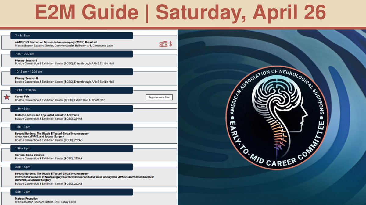 youngneuros's tweet image. There’s a lot to look forward to on Saturday, April 26 at #AANS2025 — from thought-provoking sessions to professional connections at the Career Fair. ow.ly/XTIi50VFJs7