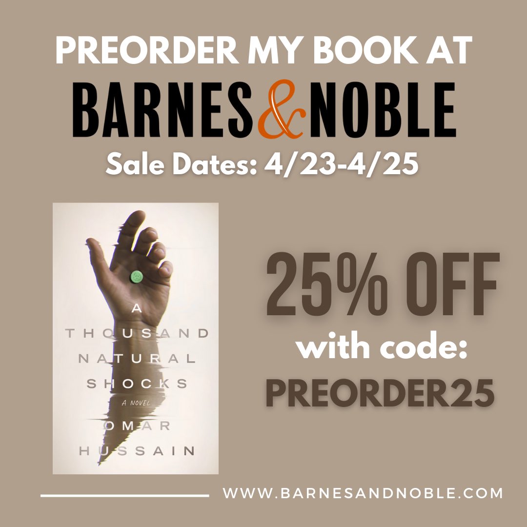 OmarHussainA2's tweet image. Barnes and Noble is running a 25% off sale on A THOUSAND NATURAL SHOCKS from now until Friday. Use the code preorder25 when checking out.
barnesandnoble.com/w/a-thousand-n…