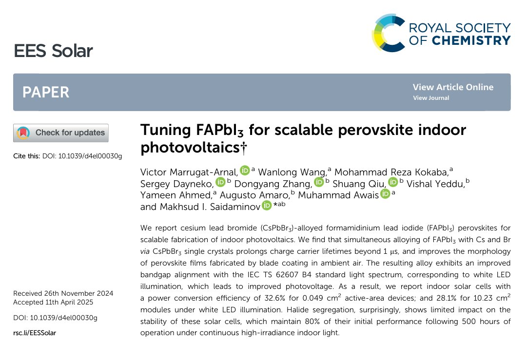 What if you use a stable perovskite, though with a non-ideal bandgap, for indoor photovoltaics?

It still works well! 

28% LED light to electricity conversion efficiency, sufficient to power many electronics without needing to replace their batteries.

pubs.rsc.org/en/content/art…