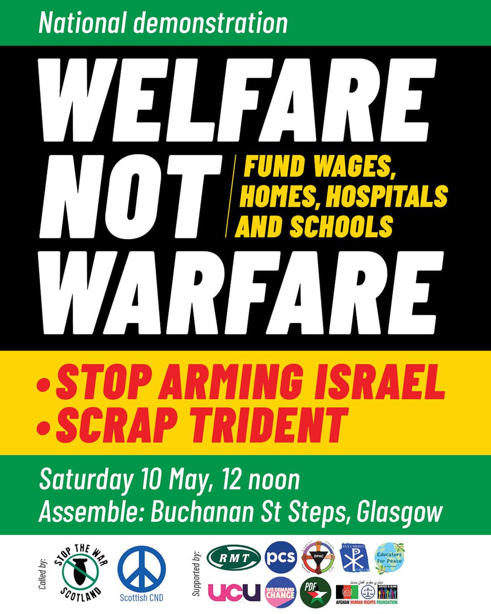 Our rulers have a plan: to fund a global arms race by slashing our services and rights.

But we have a plan too: build a coalition of the people to fight back!

🗓️ Saturday 10 May, 12pm

📍 Buchanan Steps, Glasgow