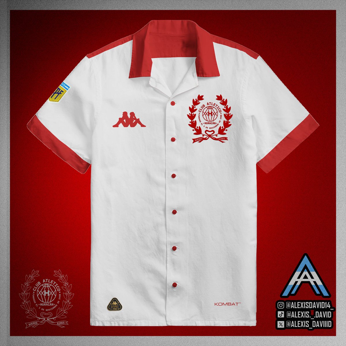 Camiseta Retro Huracán 🎈
La camiseta presenta una camiseta de color blanco con una textura lisa, con cuello, puños, botones y hombros en color rojo. Nuevo escudo inspirado en el segundo emblema del club.