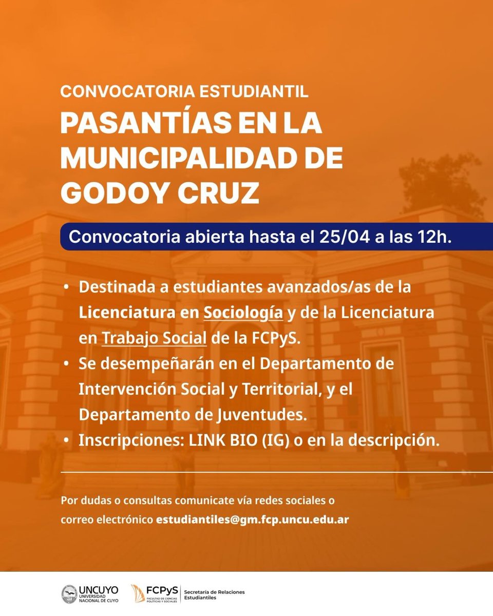 📝 Se convoca a estudiantes avanzados/as de la Licenciatura en Sociología y de la Licenciatura en Trabajo Social para realizar pasantías en la Municipalidad de Godoy Cruz.

📅 La convocatoria se encuentra abierta hasta el 25/04 a las 12h.

📲 Inscripciones forms.gle/1R7WuBhvKcFjZc…