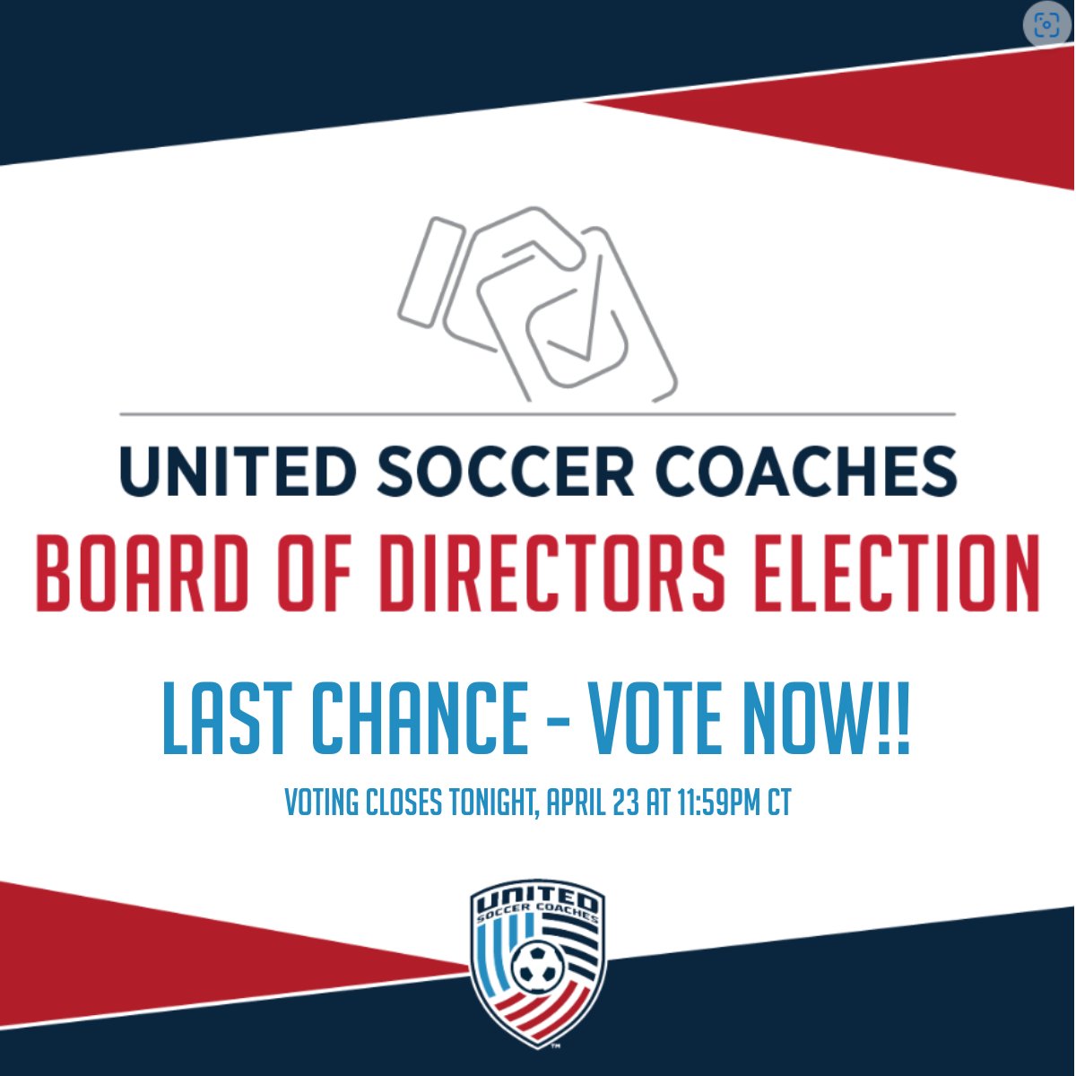 🚨 LAST CHANCE TO VOTE! 🚨

⏰ Voting for our Board of Directors ends TONIGHT at 11:59pm CT! ⏰

✅ Check your inbox for your personalized ballot link.
✅ Cast your vote before the deadline.
✅ Encourage fellow members to participate.

Have a say in what comes next—vote now.
