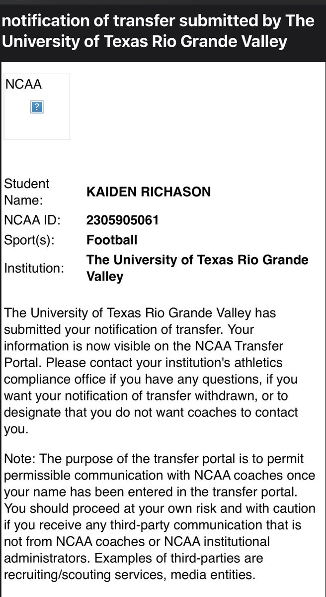 KaidenRich0's tweet photo. OFFICIALLY in the transfer portal! As a redshirt freshman I have 4 years of eligibility left. @UTRGVFootball @Coach_Barela Ready to recalibrate‼️ https://t.co/t9q9aKHeZX