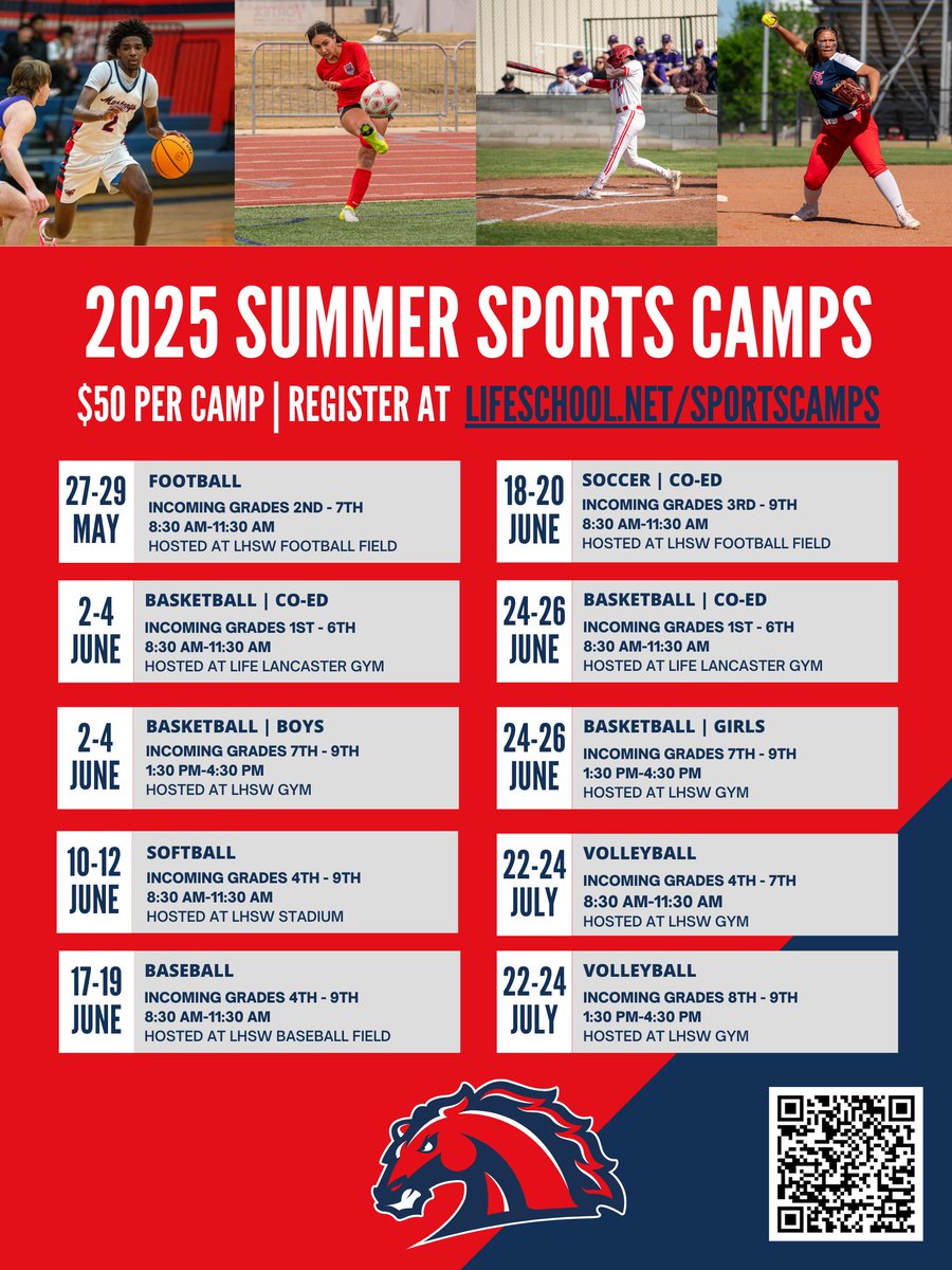 Get registered for the 2025 Summer Sports Camps! The cost is $50 per camp. To register and for more information, go to lifeschool.net/sportscamps.