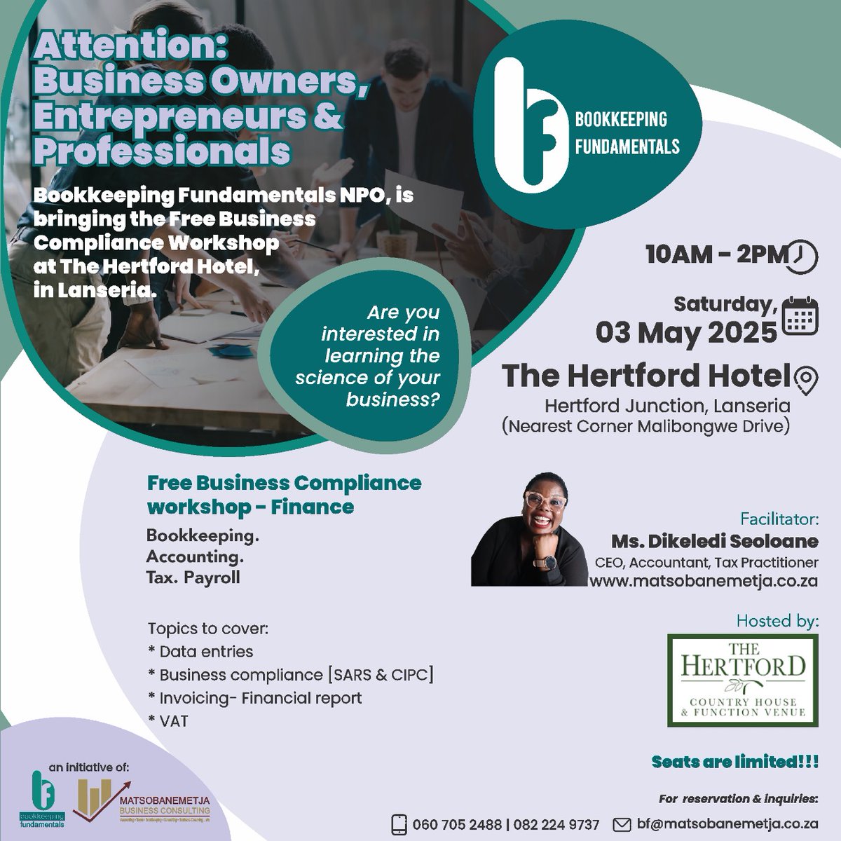 Bookkeeping is one of the most essential parts of running a business, but it’s usually the first one to be neglected.

Numbers don't lie. They tell the financial position and performance of your business.

Come learn some more at the FREE BUSINESS COMPLIANCE WORKSHOP - FINANCE to