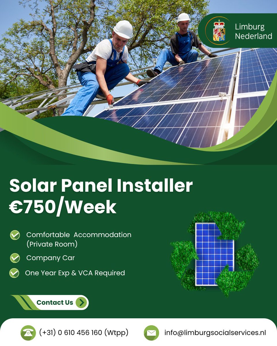 LimburgServices's tweet photo. 🔋 Solar Panel Installers Wanted!
📍 Zuid-Limburg (Maastricht &amp; Heerlen)
💶 From €750/week
✅ 1+ year experience
✅ VCA
✅ EU ID / DWP
🌐 Apply: https://t.co/tIwFLEpVpP
#SolarJobs #LimburgJobs #VCA #Netherlands #GreenEnergy https://t.co/NMoOcy0fle