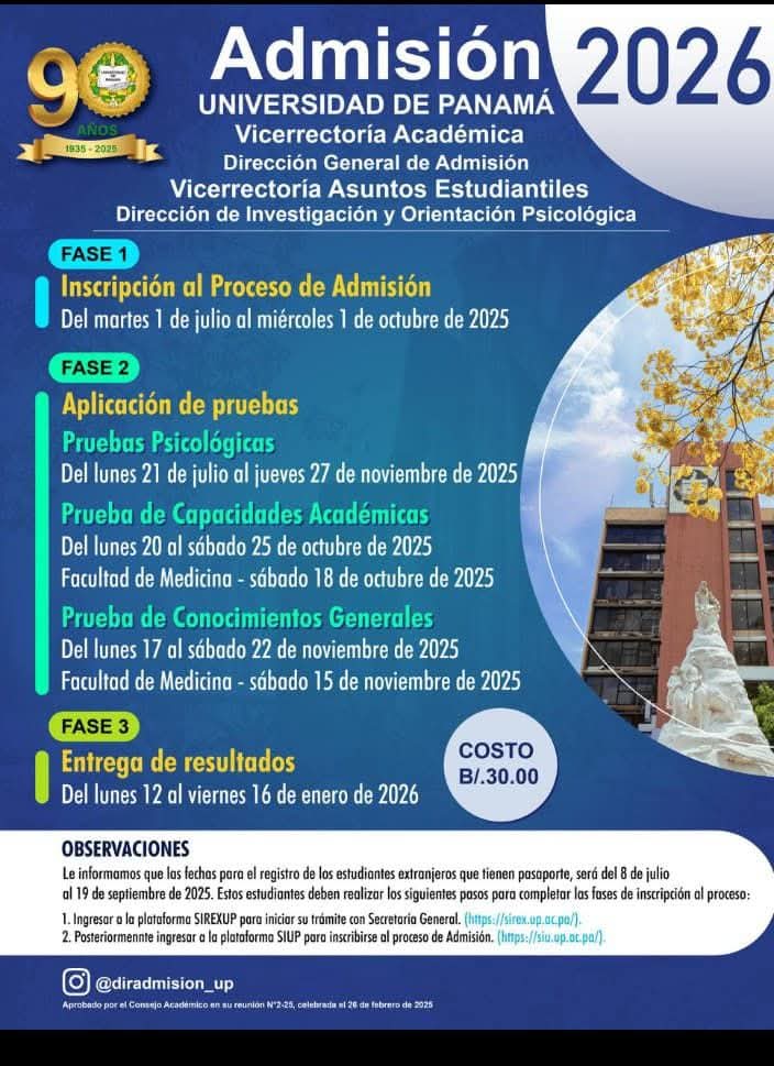 UNIVERSIDAD_PMA's tweet image. Les recordamos a todos los estudiantes que quieran ingresar a la UP, el otro año, que en el mes de julio del 2025 inicia el Proceso de Admisión, para más información visitar el enlace👇🏻diradmision.up.ac.pa