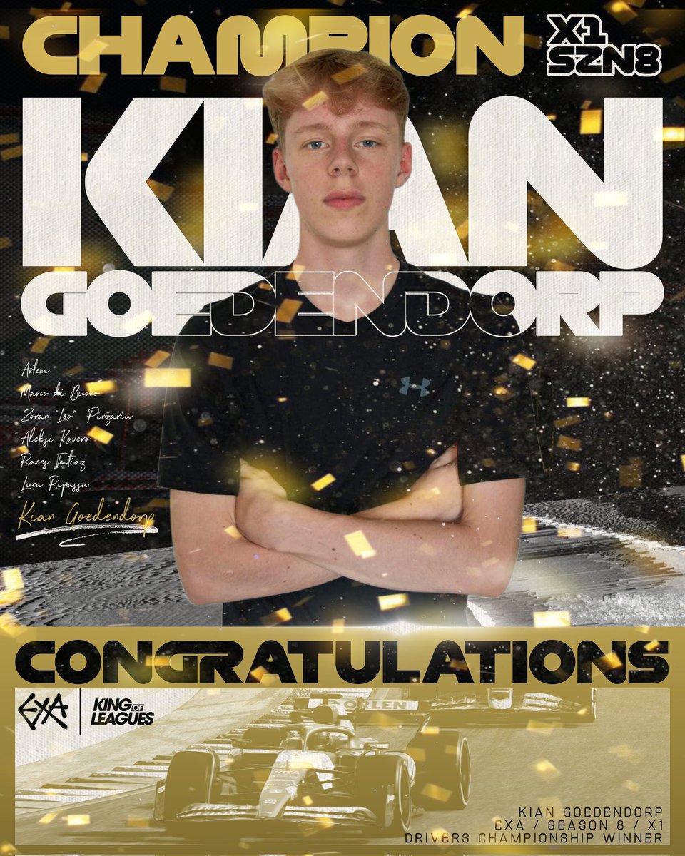 🏆 Over 240 drivers signed up for this season of ExA action, 20 got a seat for the top tier, but only 1 could have the crown, and his name is <a href="/KianGoedendorp/">Kian Goedendorp</a> ! 

Congratulations to Kian and all the great racers we had this season! 

💬Join us here:
discord.gg/vdxgBHKxXg