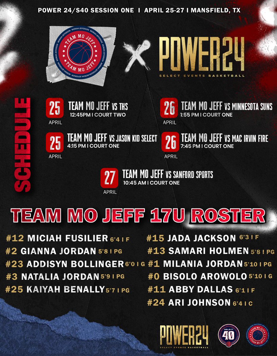 Team Moriah Jefferson (@teammojeff) on Twitter photo 🚨‼️SCHEDULE & ROSTER RELEASE🚨‼️
Team Mo Jeff 17U P24
Power 24 Session I 🏀🔥
<a href="/SelectEventsBB/">Select Events Basketball</a> ✖️ <a href="/TeamMoJeff/">Team Moriah Jefferson</a>
📍Mansfield, Texas
TUNE IN TO THE SHOW! 🎥🍿 🚨‼️SCHEDULE & ROSTER RELEASE🚨‼️
Team Mo Jeff 17U P24
Power 24 Session I 🏀🔥
<a href="/SelectEventsBB/">Select Events Basketball</a> ✖️ <a href="/TeamMoJeff/">Team Moriah Jefferson</a>
📍Mansfield, Texas
TUNE IN TO THE SHOW! 🎥🍿