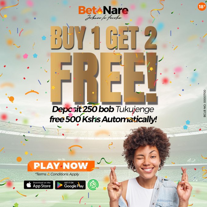 Deposit 250 bob in your betnare account and get ksh 500 for Free   

Play here bit.ly/4a4nMlJ               

Use promo code SUPERMETRO and receive Ksh 100k multibet boost bonus