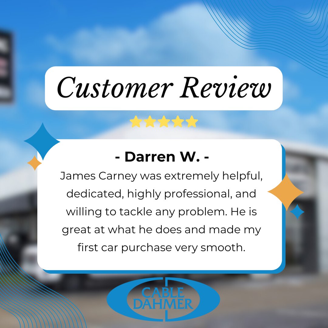 Thank you, Darren, for leaving such a wonderful review! 🌟 We're thrilled to hear that James made your first car purchase a smooth and stress-free experience. Enjoy your new ride, and we can’t wait to serve you again. 🚗💙
#CableDahmer #Buick #GMC #CustomerAppreciation