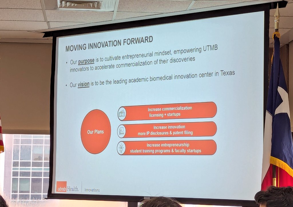 JGosnell2's tweet image. Great session from @UTMBinnovations discussing alternative funding sources for innovation. Additionally, Drs. Walker and Paessler of @UTMB_Pathology @UTMBPathRes received awards for their patents and innovation work.
