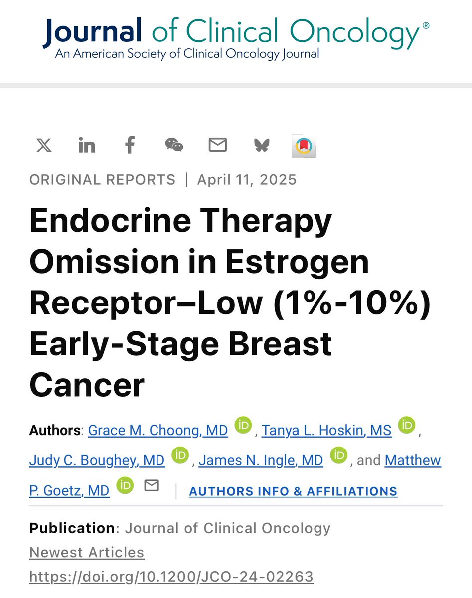 ⚠️ Retrospective analysis of &gt;7,000 pts with high-risk #ERlow (1–10%) early #BreastCancer 🎀 shows that omission of adjuvant ET is linked to worse OS - especially in ER 6–10% or with residual disease after NAC ⚠️

👉 ascopubs.org/doi/10.1200/JC…
<a href="/OncoAlert/">OncoAlert</a> <a href="/JCO_ASCO/">Journal of Clinical Oncology</a>