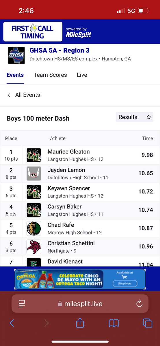 Official… +0.0 wind… <a href="/MauriceGleaton_/">Maurice “Lae” Gleaton Jr</a> the first EVER in Georgia to go sub 10 with a 9.98…

<a href="/MilesplitGA/">MileSplitGA</a> <a href="/MinorityTFXCGA/">Minority Track & Field and XC Coaches of Georgia</a> <a href="/ps_nation_/">Prep Sports Nation</a> <a href="/LHughesSports/">LHHS Athletic Department</a>