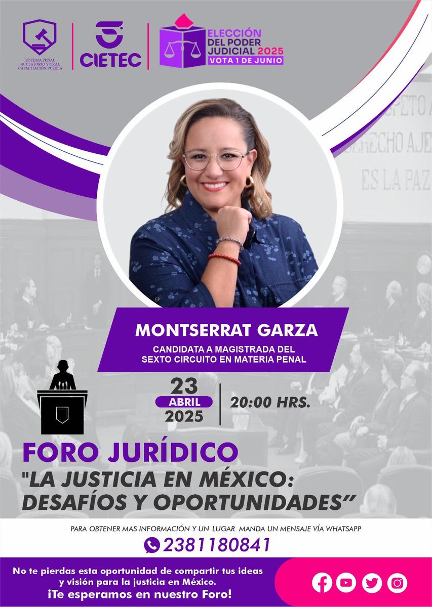 MontserratGCon's tweet photo. ⚖️ Hoy, Miércoles a las 20:00 hrs, te espero en el Foro Jurídico:
 “La justicia en México: desafíos y oportunidades”
🔴 Transmisión:
👉 https://t.co/FCQkssfssi

🗳 El 1º de junio #Vota07 💚
#MontserratGarza #ForoJurídico #TransformarLaJusticia https://t.co/puZhVkLwLu