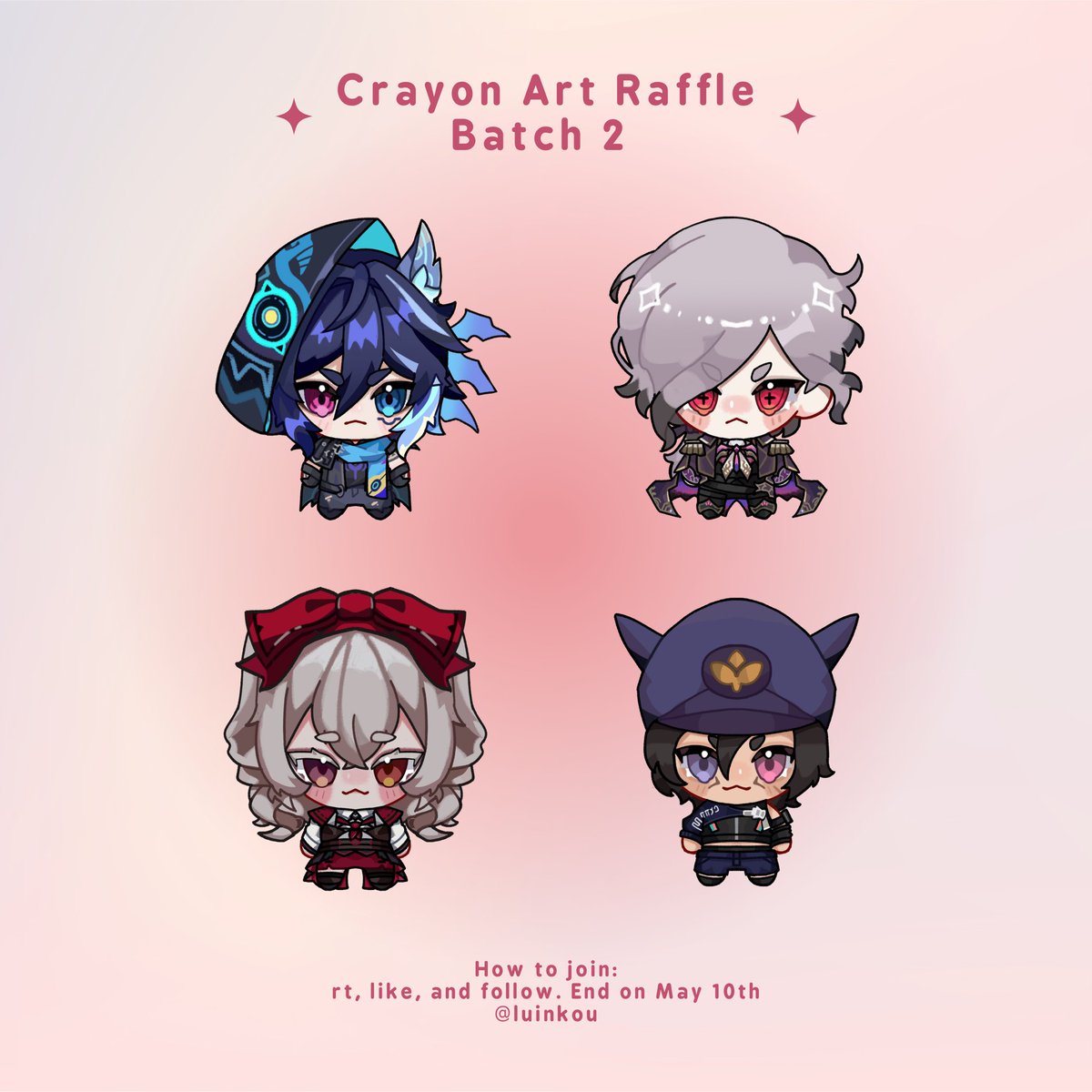 「 ✦ Batch 2 - Art Raffle ✦ 」

Prize: (2 winners) 1 Crayon YCH

✦To Enter:   
— Like, Follow, and Retweet (No Qrts)
— Reply with your OC / Model (optional)

✦ Ends: May 10th 
✦ Want it now? Check my VGen! vgen.co/LuinKou

#ArtRaffle #giveaway #Raffle
