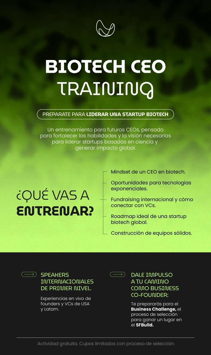 ¿Te imaginás ser CEO y co-fundador de una startup biotech?  🧪
No pierdas esta oportunidad de entrenarte. 
Entrenamiento gratuito, modalidad virtual.  Del 13 de Mayo al 3 de Junio, 3 hs semanales.
Postulate acá:  sf500.fillout.com/t/g9dHvBz6zVus