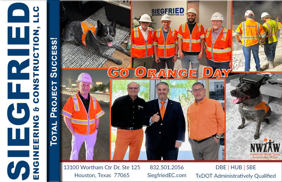 Siegfried_EC's tweet photo. Happy #GoOrangeDay from Siegfried Engineering &amp; Construction! Orange, high-viz safety vests are one of many tools that alert motorists to slow down through work zones. Like so many, we have families at home and want to hug . . . or walk. . . them at the end of the day. #NWZAW2025 https://t.co/M42UqUzeO7