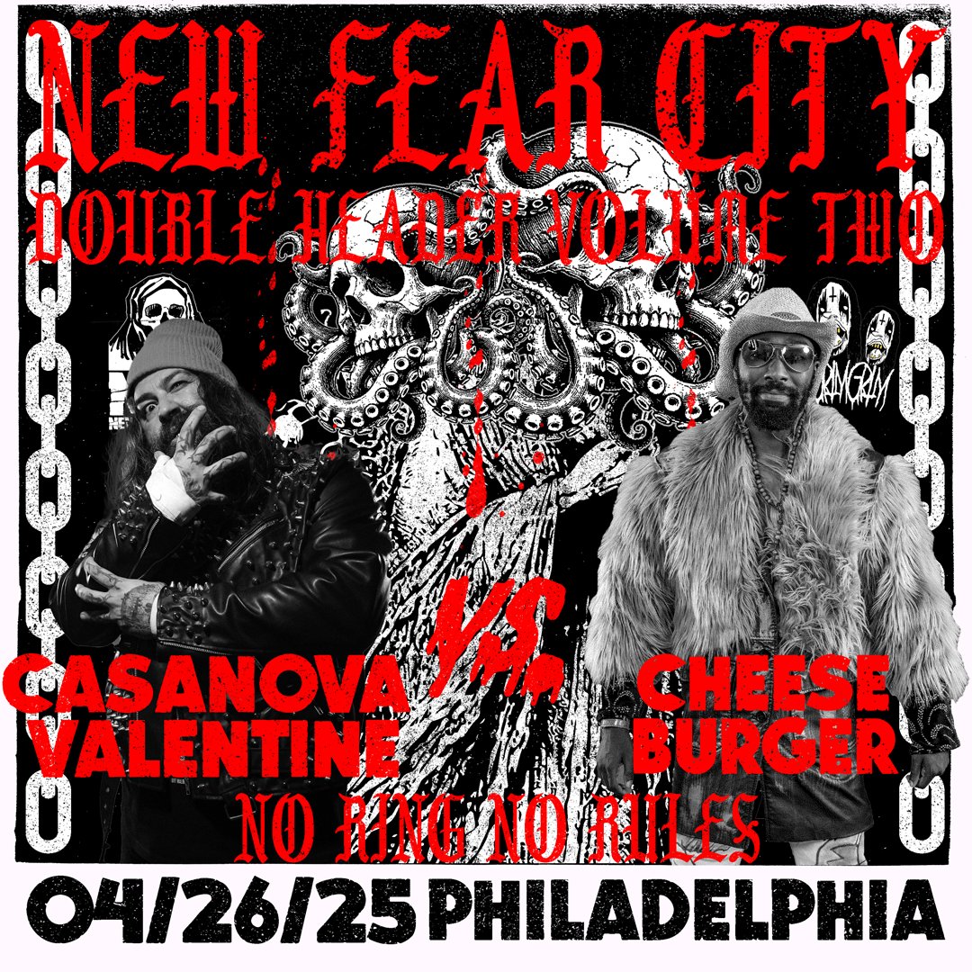 4/26. THIS SATURDAY 

New Fear City presents DOUBLE HEADER: VOLUME TWO

Philly 
10 PM Doors
Location w/ ticket purchase

Casanova Valentine vs. Cheeseburger 

Music by Sunburster, Prisoner &amp; Shunt 

MORE ANNOUNCEMENTS ASAP 

🎟️ c6live.com/products/new-f…

#NFCDOUBLEHEADER