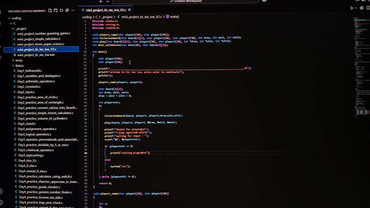 priyanshu__code's tweet photo. 🚨 Updated my Tic Tac Toe game in C!

🔹 Player names
🔹 Win/Draw tracking
🔹 Input validation
🔹 Replay option
This version’s cleaner &amp; smarter than my first. Next up: Rebuilding it in C++! 💻
Github: https://t.co/zRbug68FkN 

#CProgramming #CodingJourney #TicTacToe #DevStudent https://t.co/H24j1UiuLO