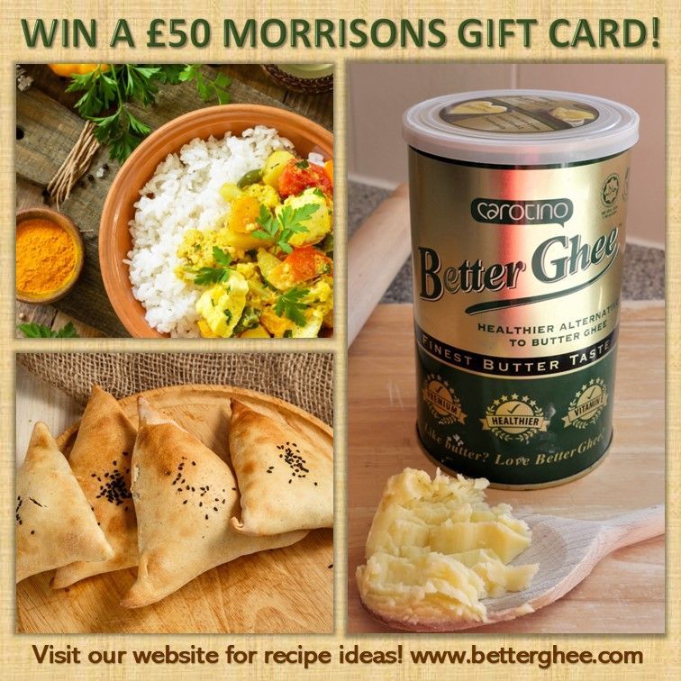 BetterGhee's tweet photo. Just one week left to enter our closing #competition to #win a £50 Morrisons gift card with delicious cholesterol-free Carotino BetterGhee, the healthier alternative to pure butter ghee. Perfect for making tasty Indian food! Ends 30th April #prizedraw #giveaway #competitionalert #prize