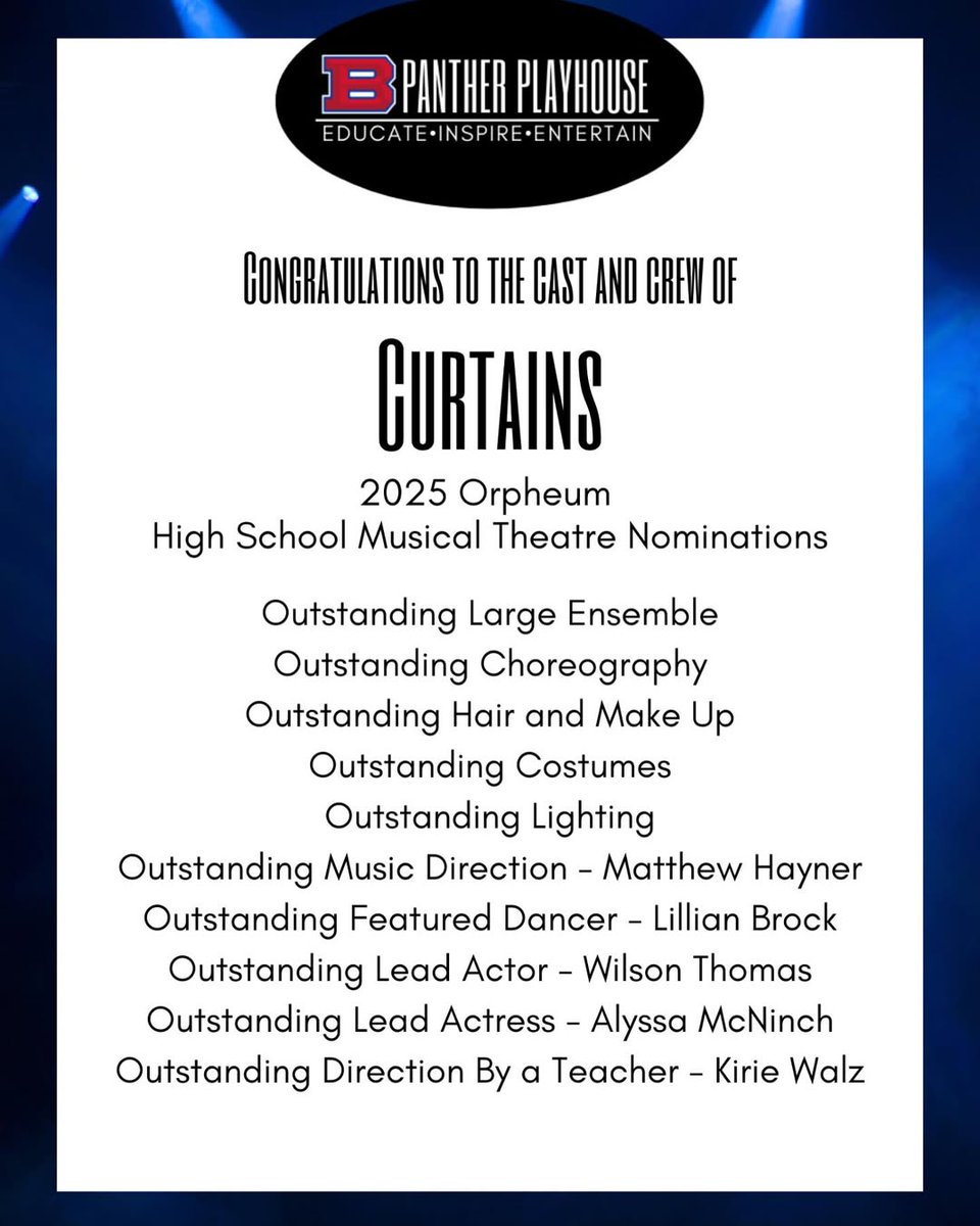 Bartlett City Schools Fine Arts (@bcsfinearts) on Twitter photo Congratulations to the <a href="/BartlettTheatre/">Panther Playhouse</a> teachers and students on being nominated for TEN <a href="/TheOrpheumTN/">Orpheum Theatre Group</a> High School Musical Theatre Awards! <a href="/high_bartlett/">Bartlett High School</a> <a href="/BartlettSchools/">BartlettCitySchools</a> Congratulations to the <a href="/BartlettTheatre/">Panther Playhouse</a> teachers and students on being nominated for TEN <a href="/TheOrpheumTN/">Orpheum Theatre Group</a> High School Musical Theatre Awards! <a href="/high_bartlett/">Bartlett High School</a> <a href="/BartlettSchools/">BartlettCitySchools</a>