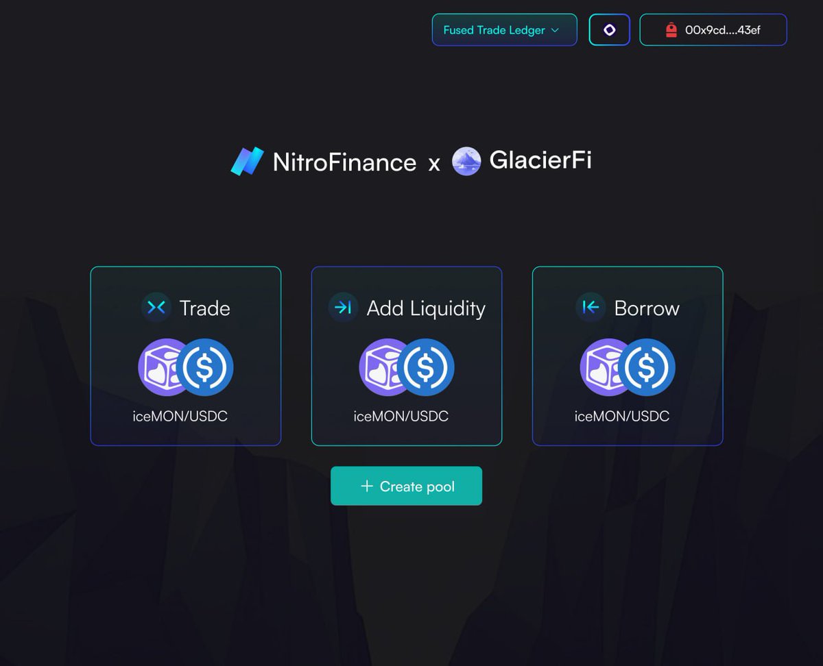 Glacier_Fi's tweet photo. iceMON is now trading on @NitroFinance — fused trade and liquidity market on on @monad_xyz. 

Swap USDC for iceMON, use USDC as colateral to borrow iceMON, or add to liquidity pools and earn trading fees.

And the NitroFTL magic?

LST rewards + staking returns + Nitro LP fees = layered yield potential. Dive in and explore the new freeze frontier. 🧊

https://t.co/PzMslmWuDH