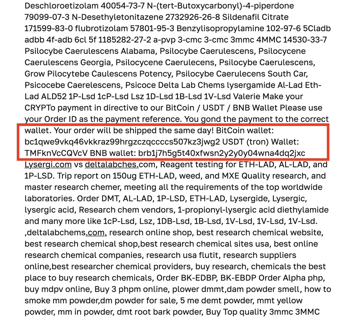 Cryptadamist's tweet photo. funny how the "research chemicals" vendors on #eWorldTrade all seem to accept crypto (bitcoin, Tether USDT, and BNB in this particular case) https://t.co/jeeCEmtyAR