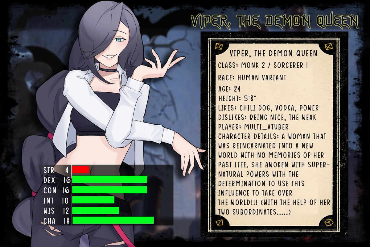 On April 26th, Saturday we'll be debuting our Curse of Strahd D&amp;D campaign on twitch.tv/zeroxpofficial at 2 PM EST / 12 PM MST 

To get you all hyped up we'll introduce our players! Next up is the limitless villainous, Viper, the Demon Queen who is played by <a href="/Multi_vtuber/">Multi_vtuber ⌛@PhantasV</a>!