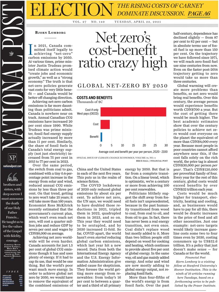 Achieving net-zero carbon emissions is far more daunting than politicians admit. 

Over the last half-century, dependence on fossil fuels has declined slightly — from 87% to 82%. 

But in absolute terms use of fossil fuel is up more than 150%.

New column:
financialpost.com/opinion/bjorn-…