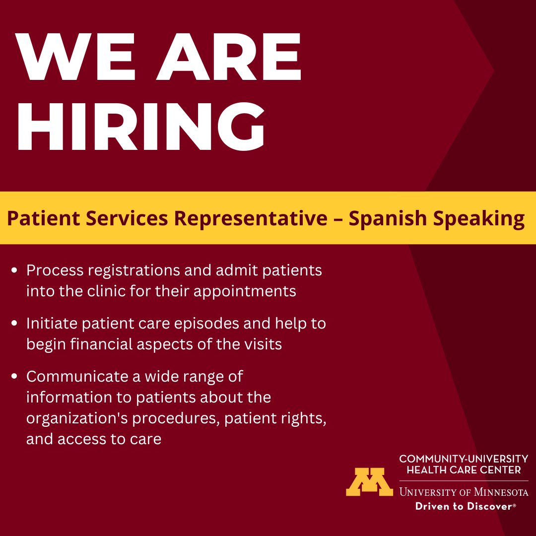 Buscamos a un/a representante de atención al paciente hispanohablante para unirse a nuestro equipo en CUHCC. Más información: ow.ly/Wirq50VEUEj #NowHiring #HealthcareCareers #BilingualJobs