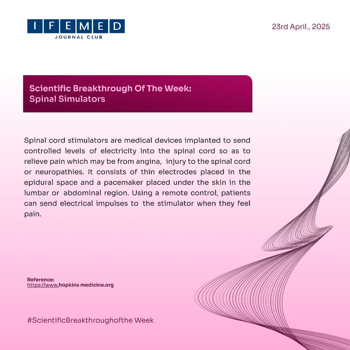 The SCIENTIFIC BREAKTHROUGH OF THE WEEK

Spinal Stimulators
Spinal cord stimulators are revolutionizing pain management! These implanted devices send controlled electrical impulses to the spinal cord, helping relieve chronic pain from conditions like angina, neuropathies, or
