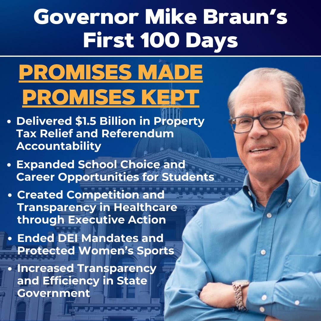 Only 100 days in, and Governor Braun is delivering across the board on his Freedom and Opportunity Agenda! Tax relief, education, healthcare, ending DEI, government efficiency, and more, Governor Braun is not backing down!