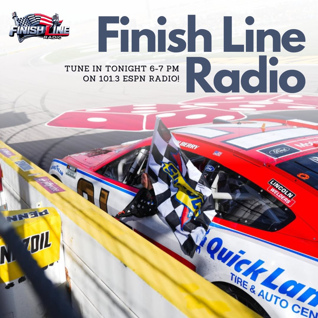finishlineradio's tweet image. Tune in TONIGHT from 6-7pm on 101.3 ESPN Cleveland Radio for race recaps, driver standings, and a preview of the upcoming weekend showdown.  Miss a show? No problem! Listen anytime on Apple Podcasts, Amazon Music, and Spotify! #FinishLineRadio #NASCAR #RaceRecap #ESPNCleveland