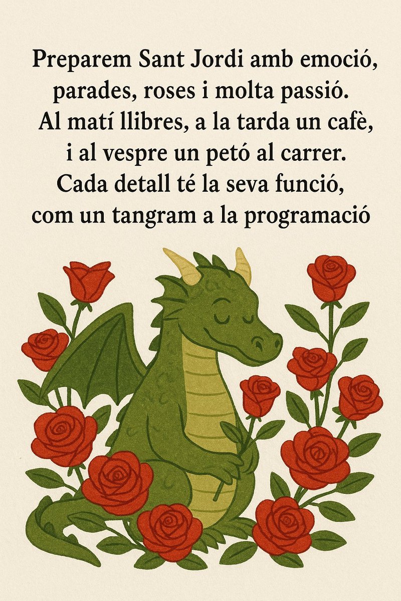 Progrlovers's tweet photo. Preparem Sant Jordi amb emoció,
parades, roses i molta passió.
Al matí llibres, a la tarda un cafè,
i al vespre un petó al carrer.
Cada detall té la seva funció,
com un tangram a la programació🌹

#peafe25inefc https://t.co/zQsev1LMvp