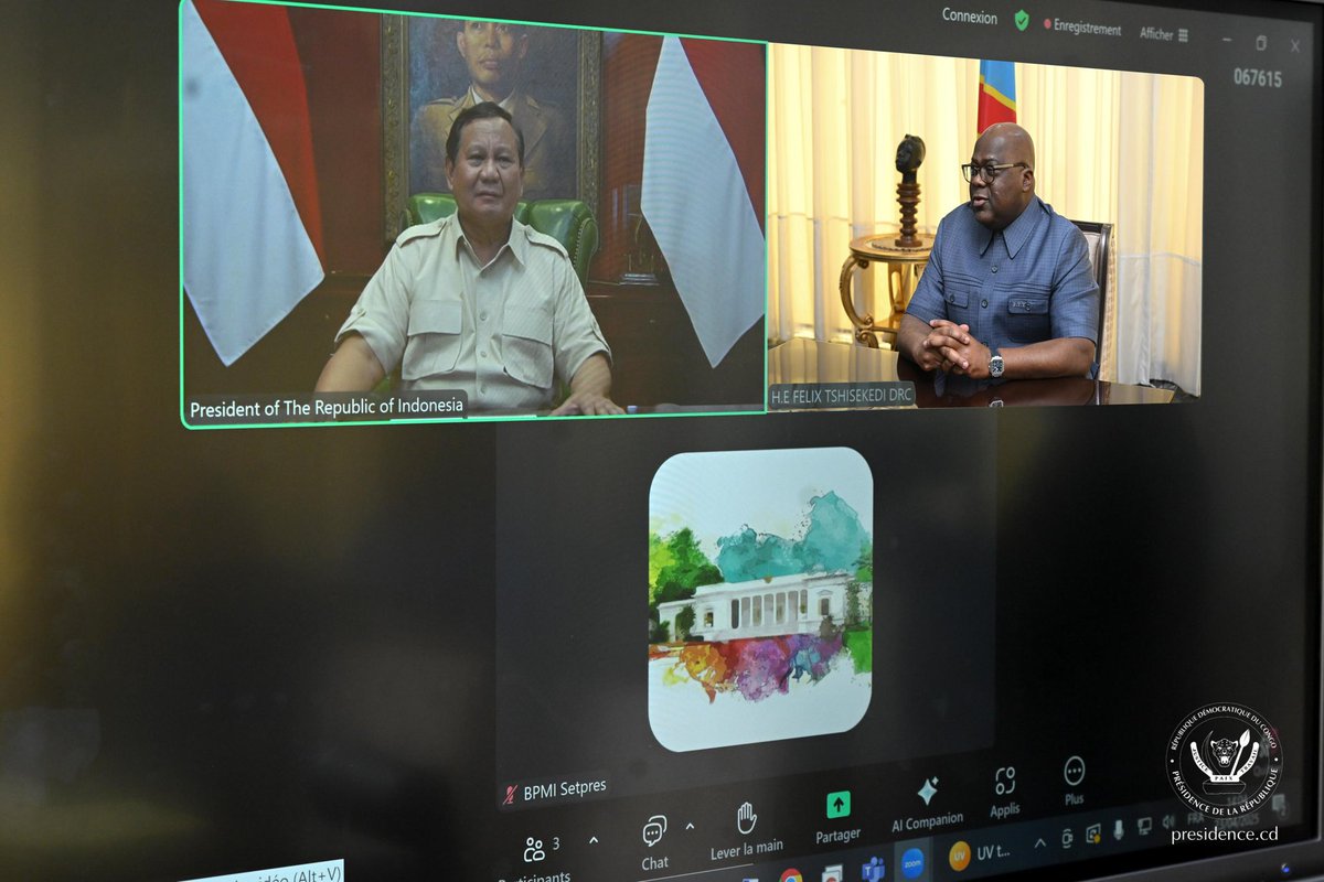 Ce mercredi 23 avril, le président de la République Félix Antoine Tshisekedi Tshilombo s’est entretenu par visioconférence , pour la deuxième fois, avec le Président de l’Indonésie, Prabowo Subianto, sur le renforcement de la coopération entre leurs pays.

Les deux dirigeants ont