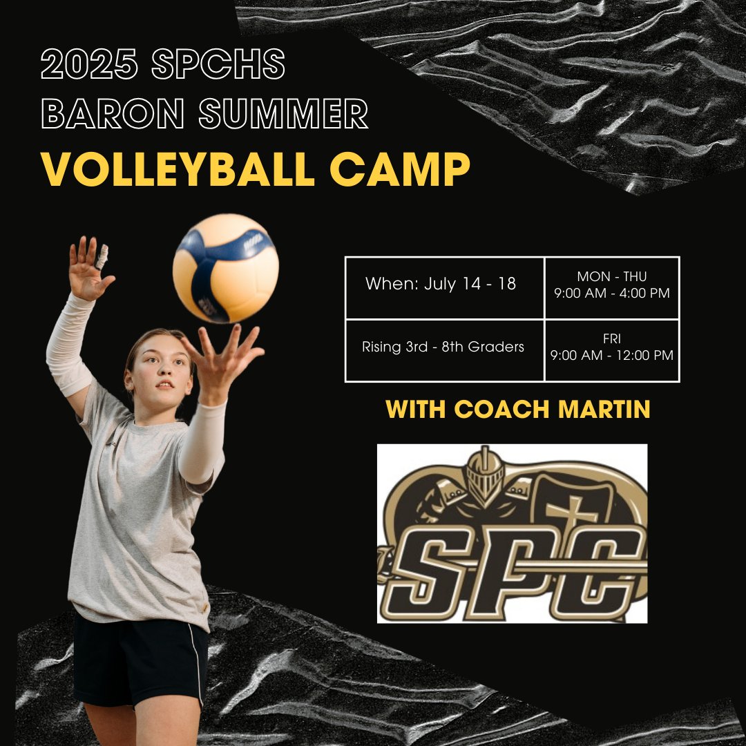 SPCBaronsVB's tweet image. Have a Rising 3rd - 8th grader?
Register for our volleyball camp, July 14 - 18th
Monday - Thursday: 9am - 4pm; Friday: 9am - 12pm
Cost: $210
🔗 to Register spchs.org/summercamps?fb…
🖤💛Go Barons🖤💛