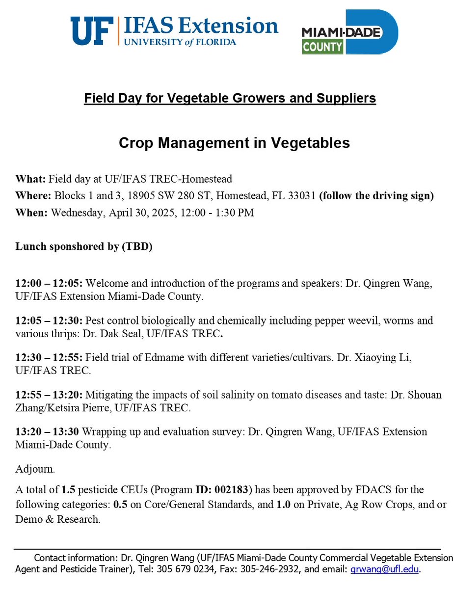 UFHortVegCrops's tweet image. 🌿 Join us April 30 at UF/IFAS TREC for a Field Day on Crop Management in Vegetables—pest control, edamame trials &amp;amp; tomato salinity research! 🌱 12–1:30PM, Homestead. #UFIFAS #VegetableProduction #AgExtension @UF_IFAS @UFTropical