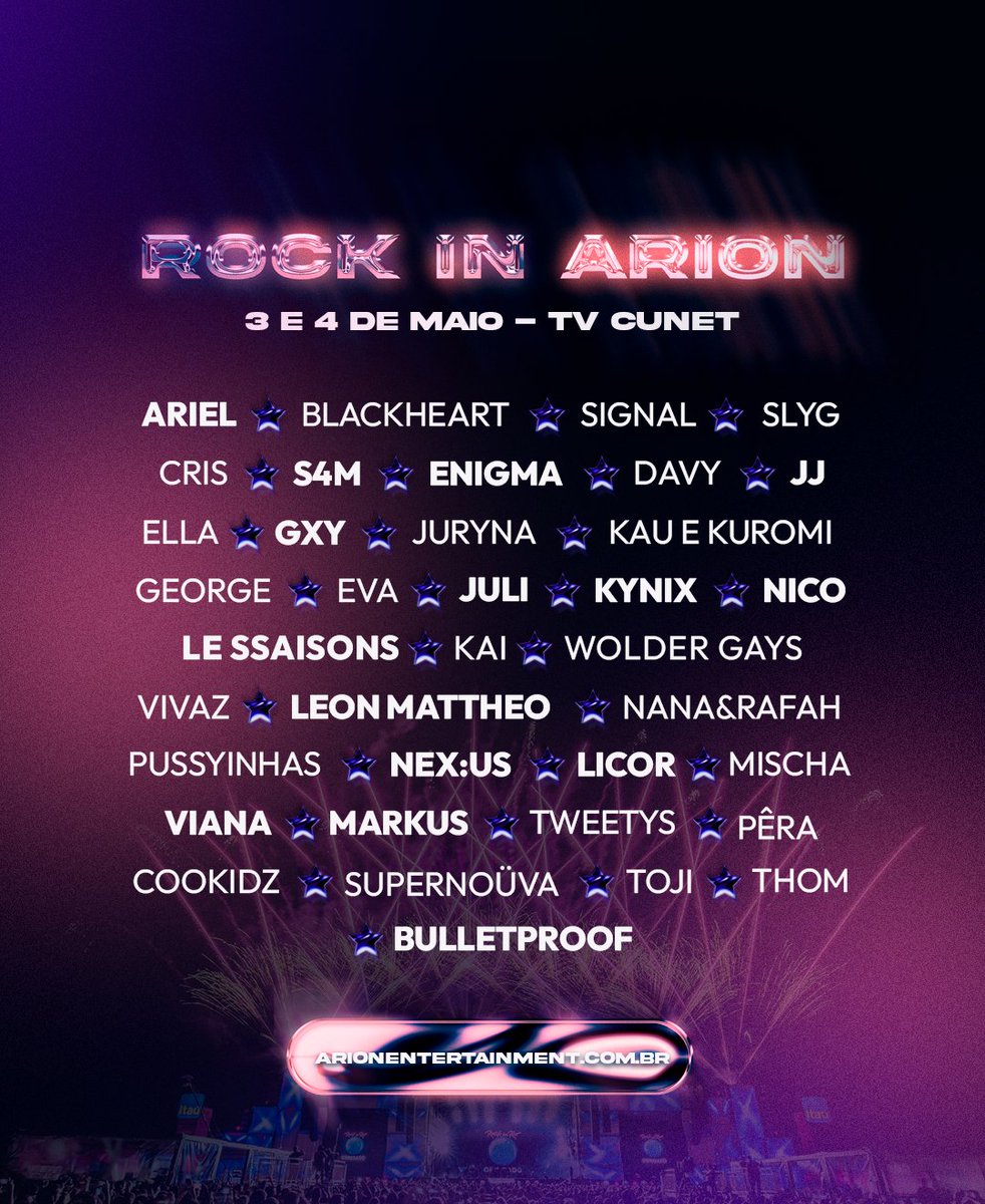 ⠀ ⠀ ⠀ 🔹 ÁRION ENTERTAINMENT

⠀ ⠀ ⠀  ⠀       THE FIRST FESTIVAL
⠀ ⠀ ⠀               [ROCK IN ÁRION]
⠀ ⠀ ⠀               OFFICIAL LINEUP

⠀   #ROCKINARION #WORLDFESTIVAL
#THEFIRSTFESTIVAL #CUNET #ARIONENT