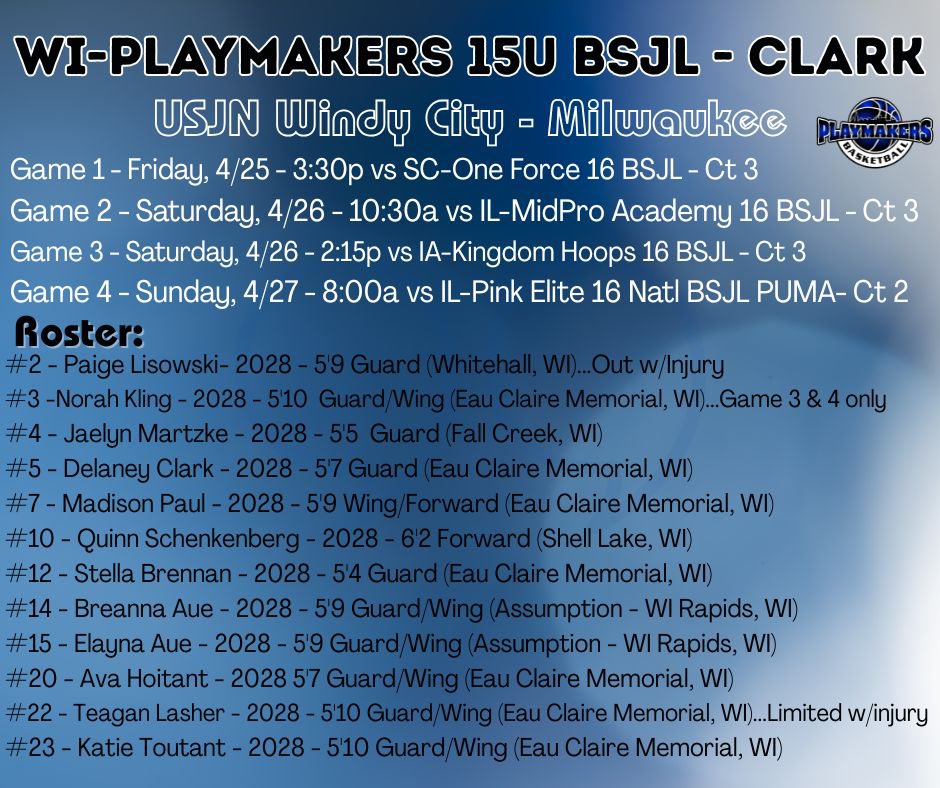 Schedule for this weekend in Milwaukee! Including roster! #wisconsinplaymakers #bsjl