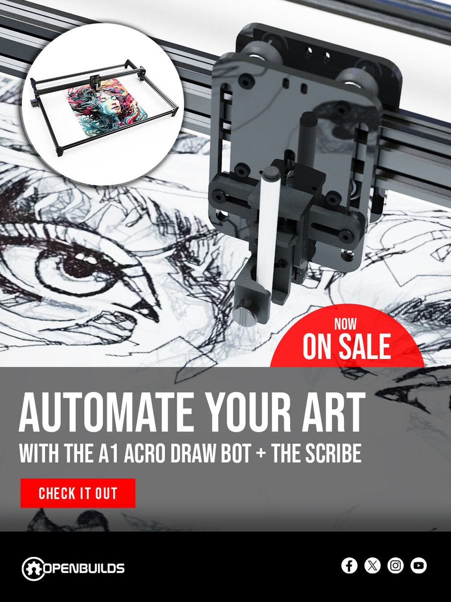OpenBuilds's tweet image. Who needs a pen when you’ve got a bot? 🤖🖊️

The 𝗔𝟭 𝗔𝗖𝗥𝗢 𝗗𝗿𝗮𝘄 𝗕𝗼𝘁 + 𝗦𝗰𝗿𝗶𝗯𝗲 turns your ideas into art with precision plotting and clean pen lifts every time.

This isn’t just motion control—it’s motion creativity.

🔥 𝗢𝗻 𝘀𝗮𝗹𝗲 𝗻𝗼𝘄 bit.ly/42cM1xi…