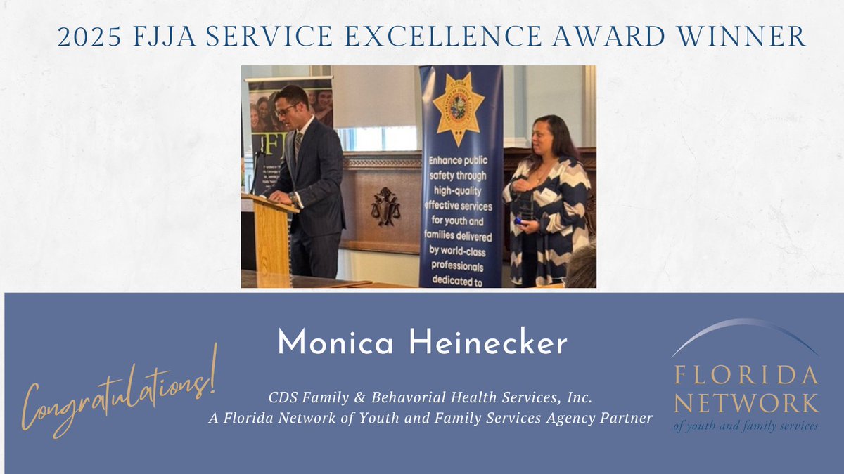 Congratulations to CDS Family &amp; Behavioral Health Services’ Palatka Interface Youth Shelter Senior Youth Care Worker Monica Heinecker being recognized as a <a href="/FJJAssociation/">FJJA</a> 2025 Service Excellence Award Winner!

Monica is an outstanding example of a team player who always goes