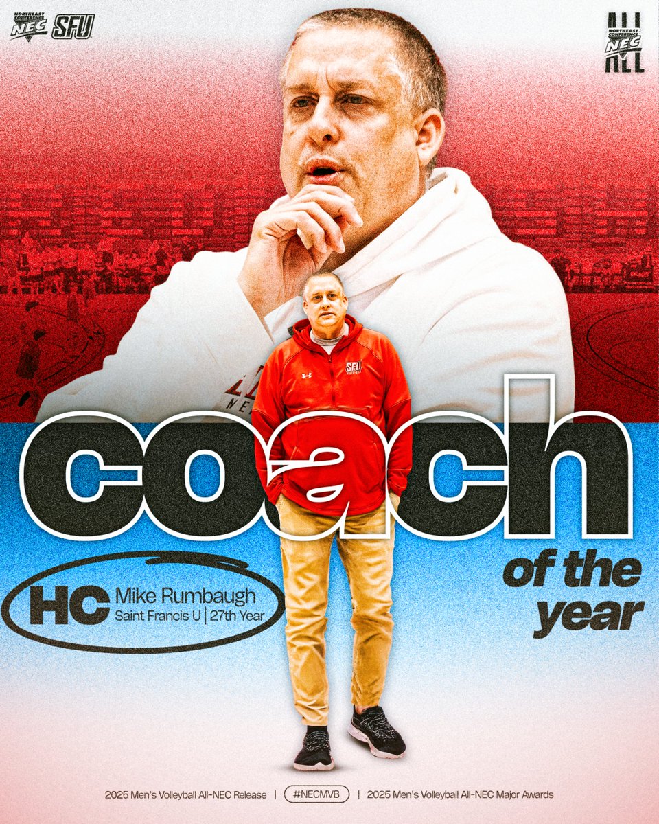 NECsports's tweet image. 🏐🏅 2025 #NECMVB Coach of the Year

𝗠𝗶𝗸𝗲 𝗥𝘂𝗺𝗯𝗮𝘂𝗴𝗵, @SFUathletics ✨

» Steered the 🔴⚡️ to their third regular season 👑 &amp;amp; No. 1⃣ seed in NEC Tournament
» Named the #NECCOY for the third time in as many years
» Has amassed a 31-3 record vs. NEC teams since the…