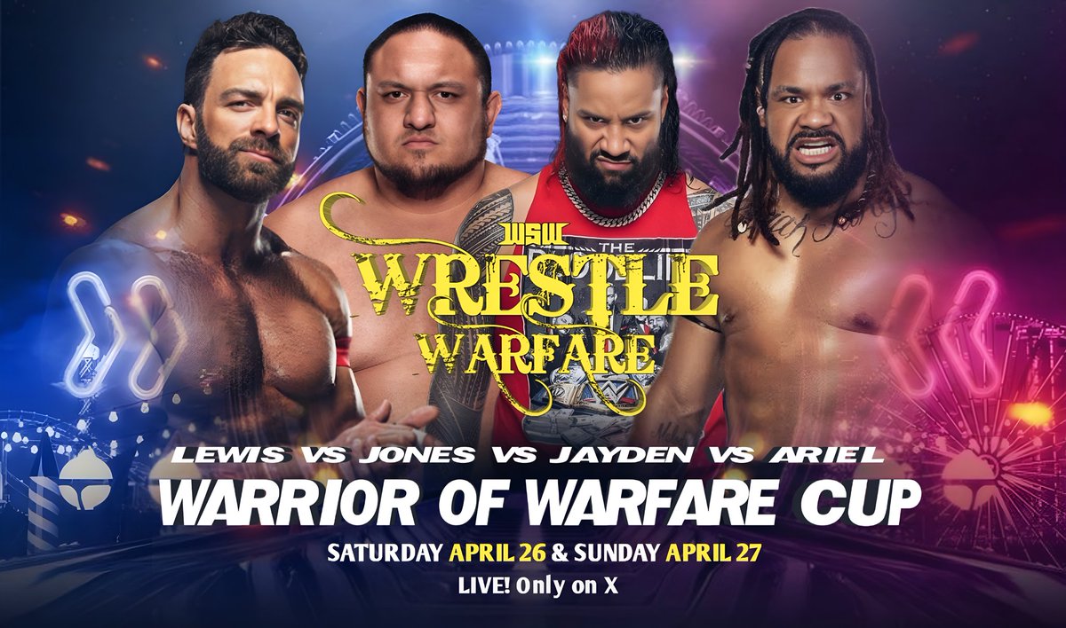 Four Men. One Trophy... Bragging Rights for the Year on the Line!

The returning <a href="/JonWrestleBiz/">Jon Lewis Memorial:</a>, <a href="/wrestlinadvisor/">Steve-O #1 Fan</a>, @jaydenfatu and <a href="/ArielSamue22925/">Ariel The Outlaw ⭕❌🇨🇮🇨🇦✌️🤘🎸🩸</a> collide for the Men's Warrior of Warfare Cup, at Wrestle Warfare 6!

Sat, Apr 26 &amp; Sun, Apr 27 | Narendra Modi Stadium, Ahmedabad!