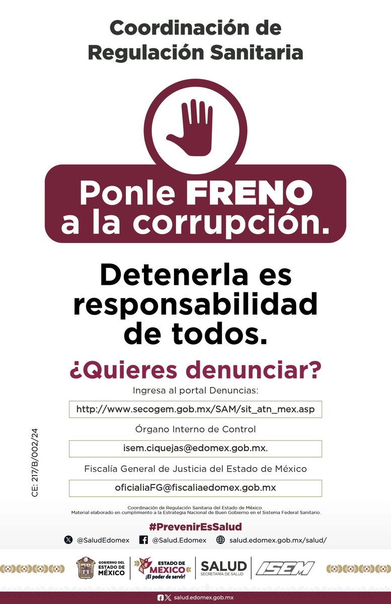 SaludEdomex's tweet photo. Ponle freno a la corrupción.
¡Detenerla es responsabilidad de todos!
#RegualaciónSanitaria
#PrevenirEsSalud https://t.co/yx7k5vl3I6
